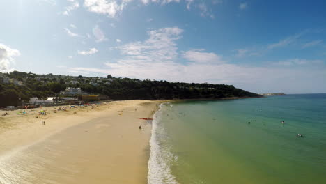 Aerial-View-Of-Beach-And-Seaside,-Coastline-of-Carbis-Bay,-St-Ives,-Cornwall,-Penzance