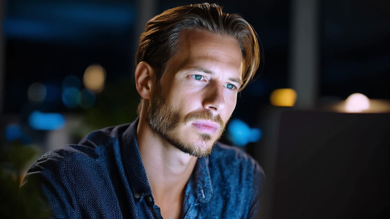 Focused Man Engaged with Laptop in Dimly Lit Room, Deep in Thought and Concentration, Showcasing Modern Technology Interaction and Intense Expression