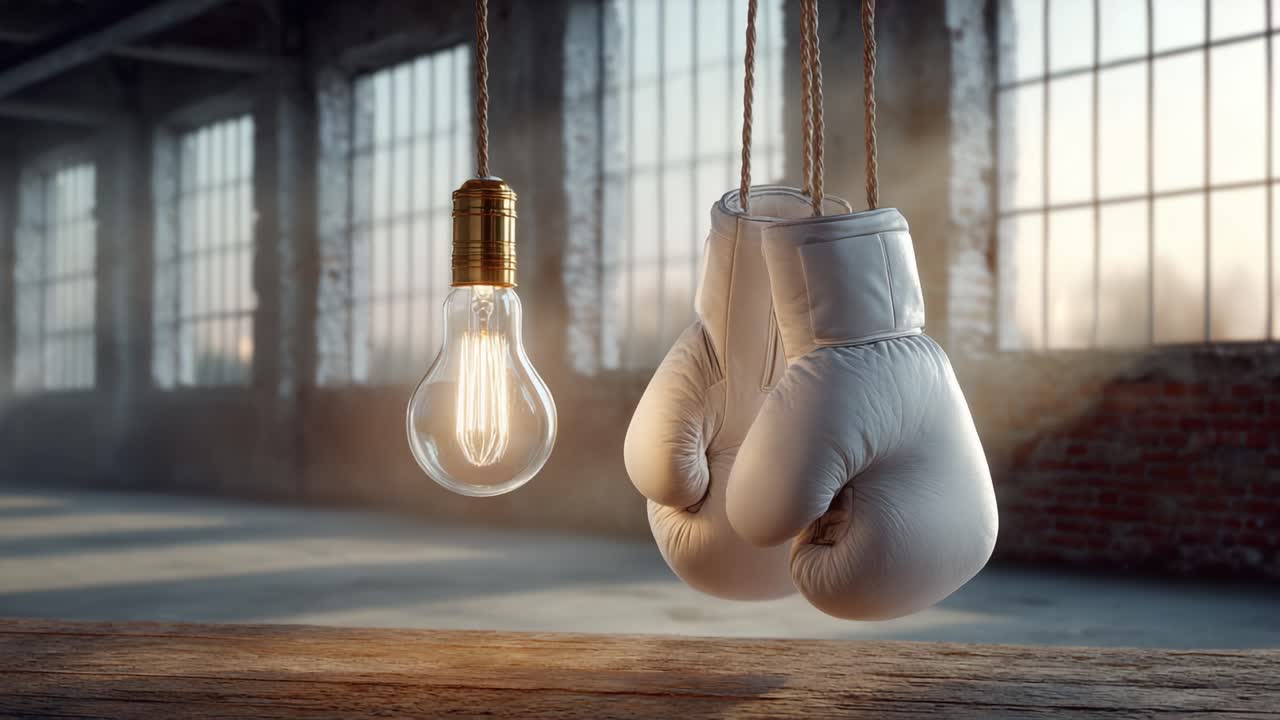 A unique composition of hanging boxing gloves and a light bulb, symbolizing the fusion of strength and illumination in a dynamic, industrial environment showcasing creativity