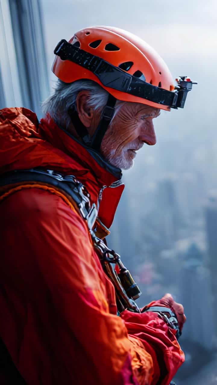 An Experienced Climber Gazes Out Over the Urban Skyline, Showcasing His Resilience and Dedication to Adventure in a Stunning High-Altitude Setting