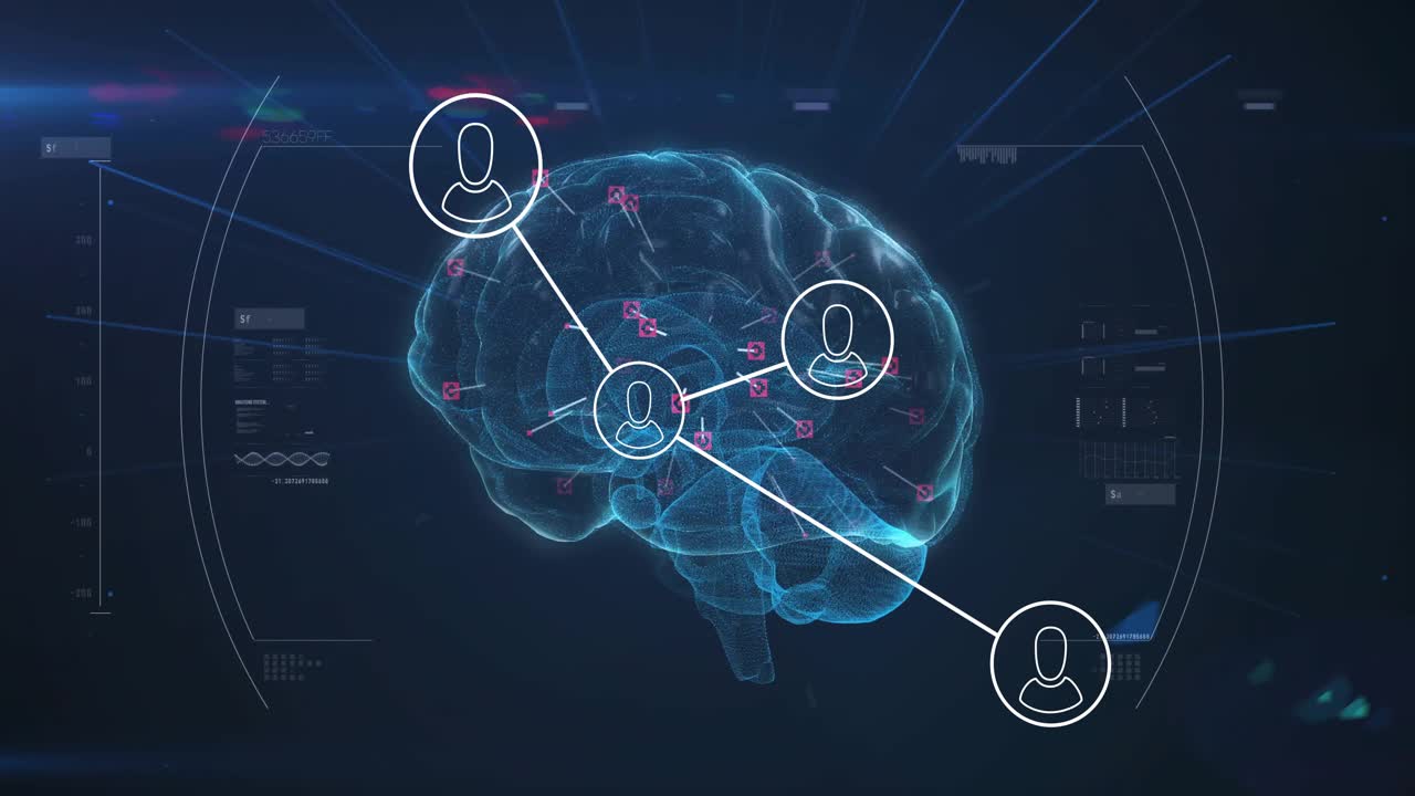 Holografisk 3D-hjernemodel, der roterer og lyser blåt, med netværksnoder, der forbinder sig omkring UI-paneler