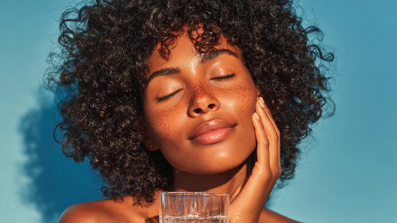 Radiant Woman with Glass of Water Embraces Natural Beauty and Refreshment in a Sunny Outdoor Setting, Showcasing Healthy Skin and Vibrant Curls