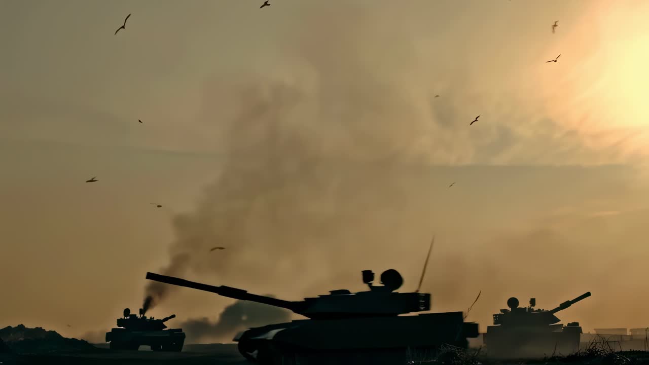 Silhouette of Tanks at Sunset
