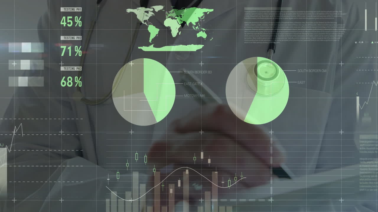 Doctor interacting with touchscreen displaying medical data with animated bar graphs and pie charts
