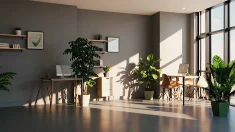 modern office workspace with indoor plants and natural sunlight