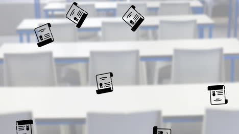 múltiples iconos de certificados de graduación que caen contra la vista de la clase vacía en la escuela