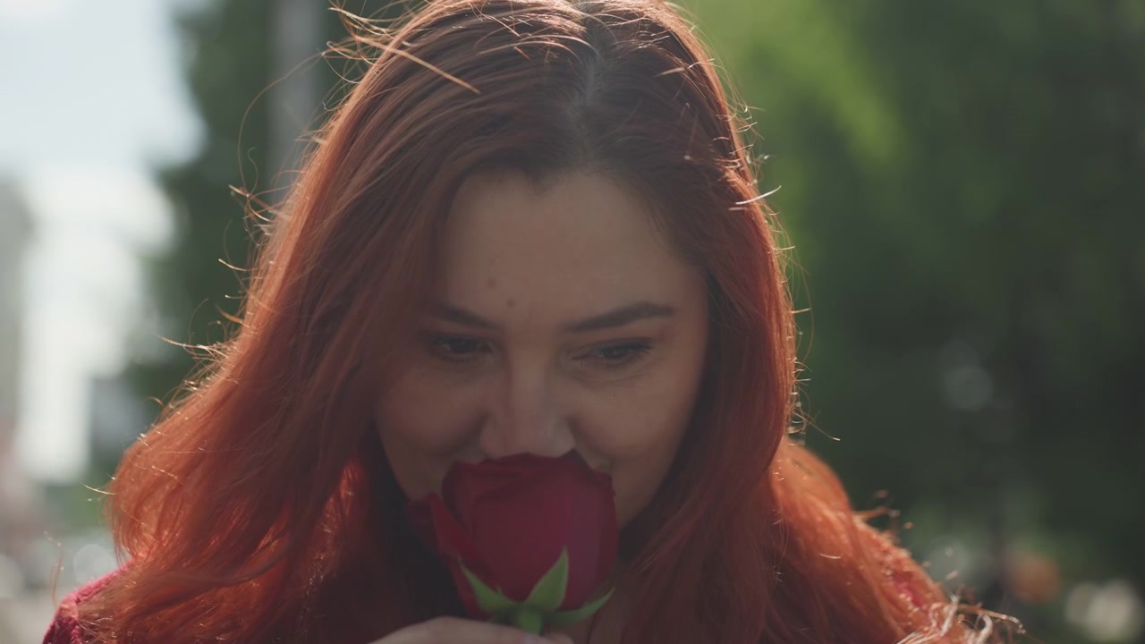 Close up of woman with long red hair wearing textured knit sweater reaching for and holding single fresh rose outdoors. Her hand movements are deliberate as woman interacts with flower