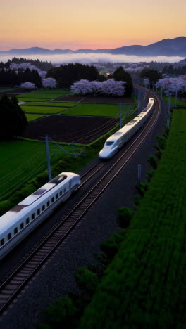 shinkansen through a spring landscape