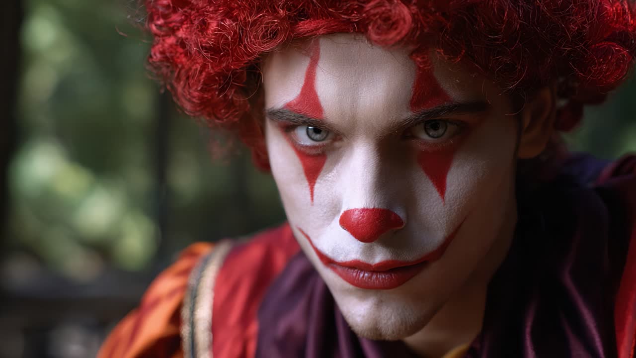 A Close-Up Portrait of a Sinister Clown with Bright Red Hair, Intense Eyes, and a Sinister Smile Captured in Key Frames from a Spooky Video Sequence
