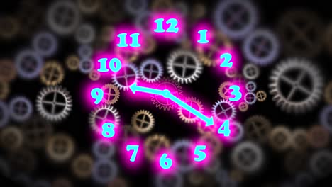 reloj de iluminación de neón con tiempo de ejecución en fondo negro con muchas ruedas dentadas