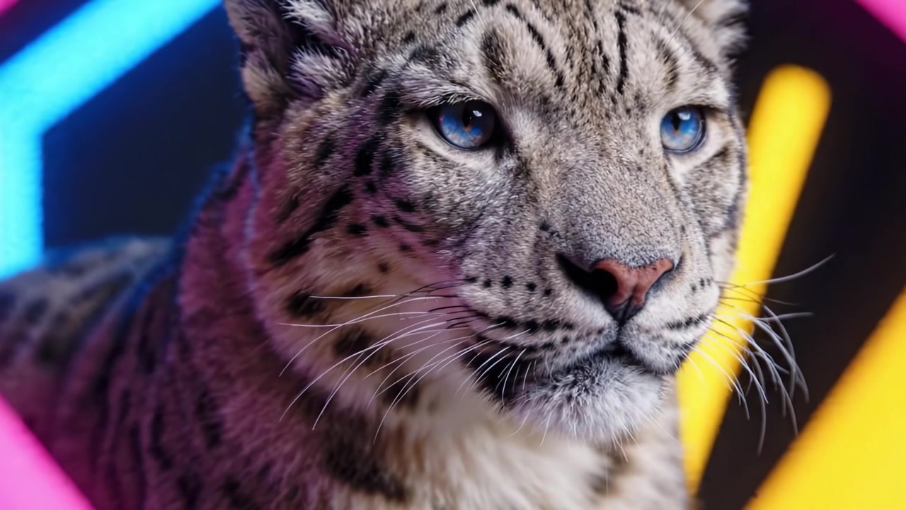 Um close-up hipnotizante de um leopardo-das-neves, exibindo suas características marcantes e olhos cativantes contra um pano de fundo geométrico vibrante de luzes coloridas
