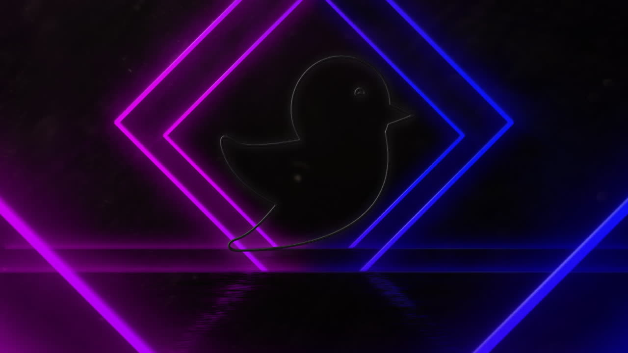 Animaatio valkoisesta Twitter-lintusymbolista sinisten ja vaaleanpunaisten neon-timanttimuotojen päällä mustalla taustalla.