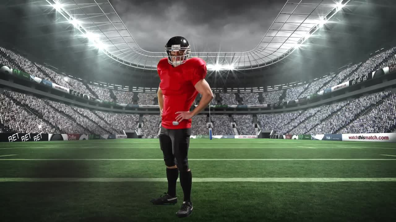 스포츠 경기장 위의 아메리칸  ⁇ 볼 선수의 애니메이션