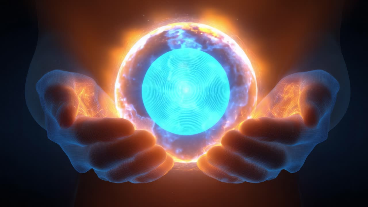 Mystical human hands cradling a glowing blue orange energy sphere, blending magical and technological motifs to evoke supernatural power, creation, and cosmic innovation