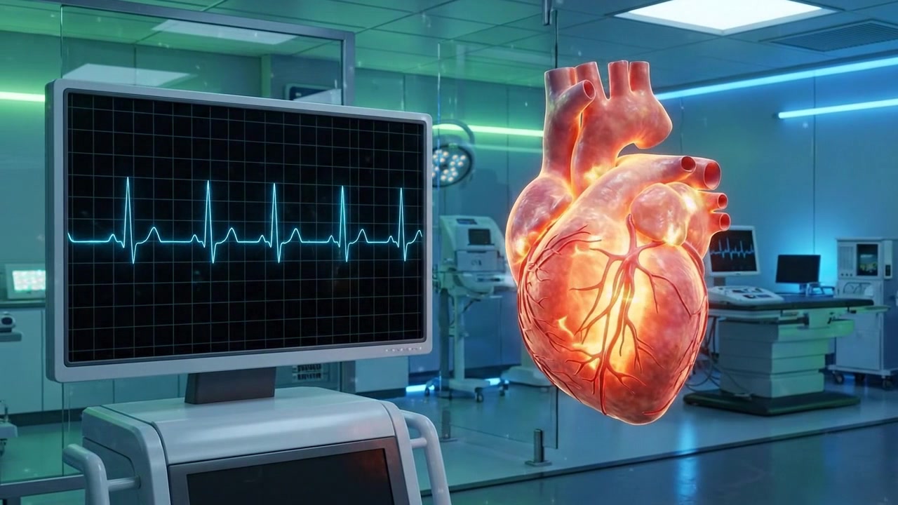 3D-model af menneskehjerte pulserende i moderne hospitalsoperationsstue