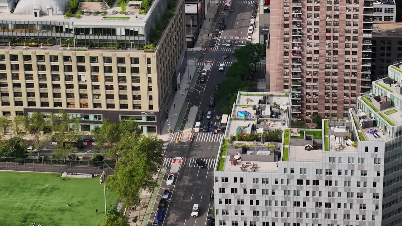 Aerial view of urban streets and buildings in New York City