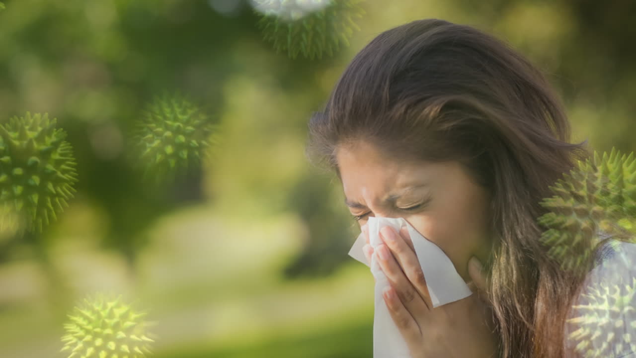 женщина страдает от чихания и бактериальной инфекции клеток 4k