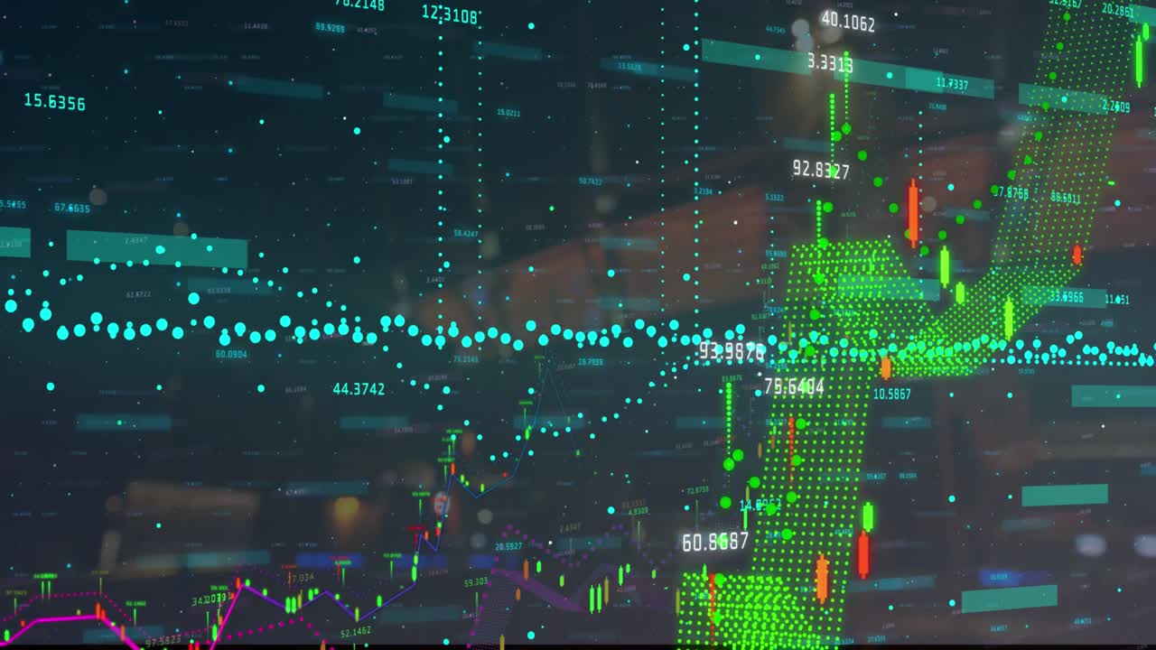 Animation of financial data processing over cityscape