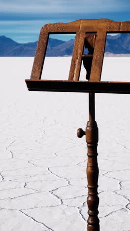 un soporte de música de madera en un paisaje desértico