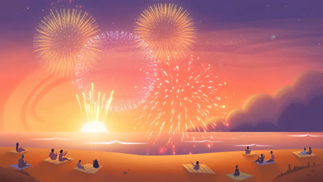fireworks display on the beach at sunset