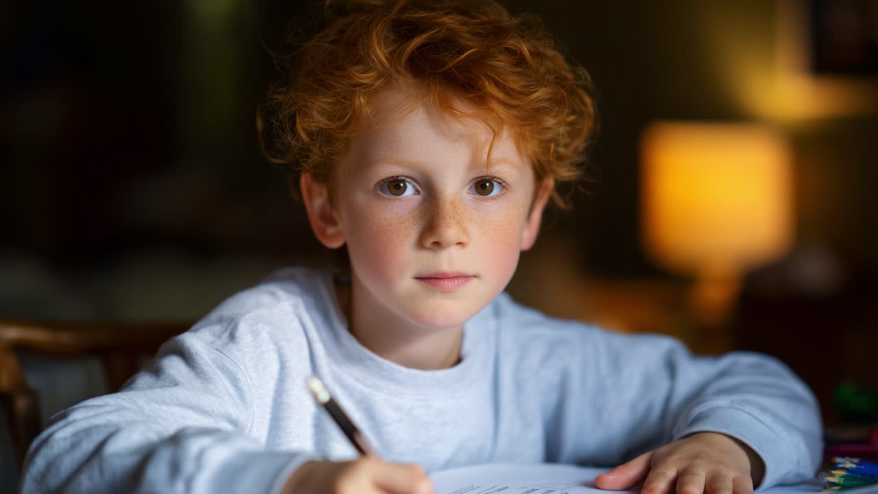 Un ragazzino assorto che scrive alla scrivania, catturando un momento di apprendimento e creatività in un ambiente caldo e accogliente