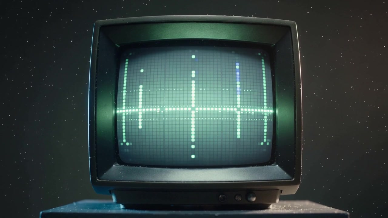 Accensione di un monitor CRT vintage che mostra una griglia di punti verdi pulsante su un supporto da studio, con una striscia blu.