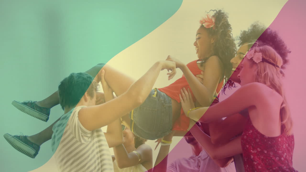 Lifting friend joyfully, group celebrating outdoors in animated school event