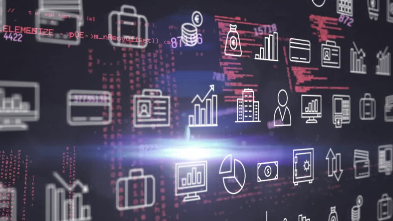 animación del procesamiento de datos financieros y filas de iconos empresariales sobre un fondo oscuro