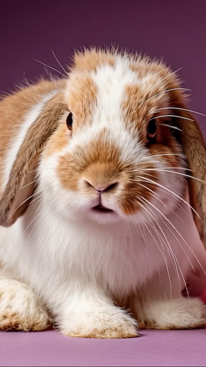 Un affascinante primo piano di un adorabile coniglio con pelliccia soffice e occhi espressivi catturato su uno sfondo viola tenue.