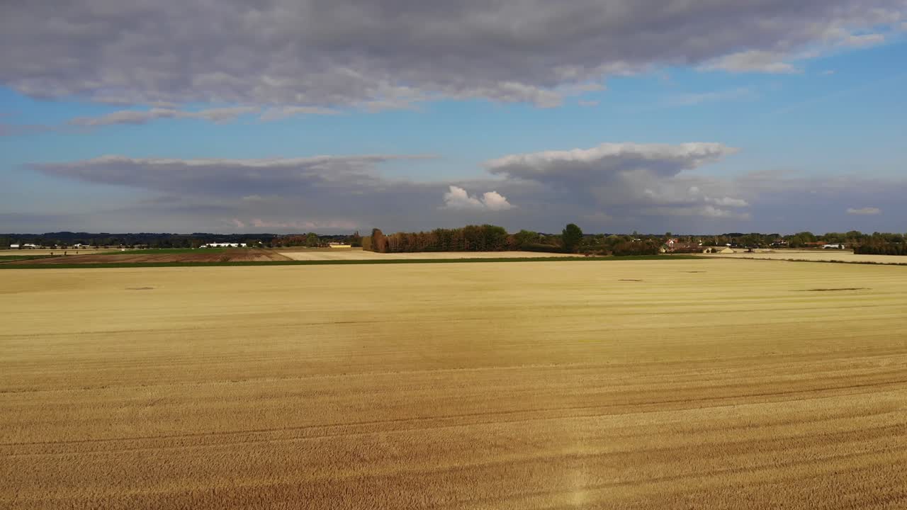 Aerial view of golden fields with brown mold close to Sejerøbugten in Odsherred