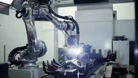 high-tech robotic arm performing precision fabrication with sparks in a modern manufacturing environment