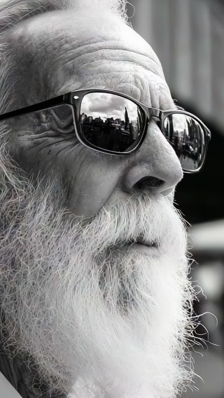 A Thoughtful Elder with Sunglasses Reflecting Urban Landscape in Black and White Photo – Capturing Wisdom, Experience, and Contemplation in Portrait Photography