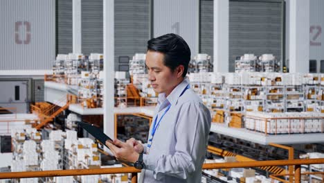 warehouse worker using tablet for inventory management