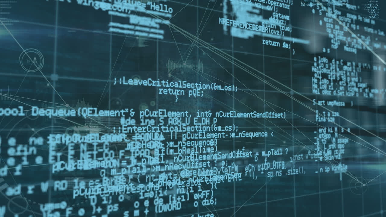 animación del procesamiento de datos y la red de conexiones a través de las manos escribiendo en el teclado