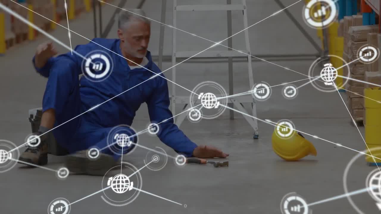 Network of digital icons against caucasian senior male worker falling from ladder at warehouse