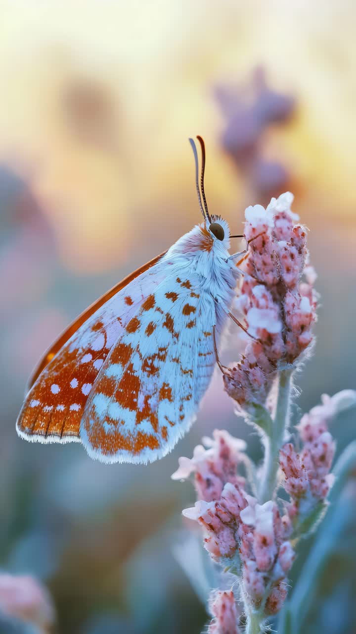 Concetto di video ravvicinato di una farfalla su un fiore, che mostra intricate fantasie sulle ali