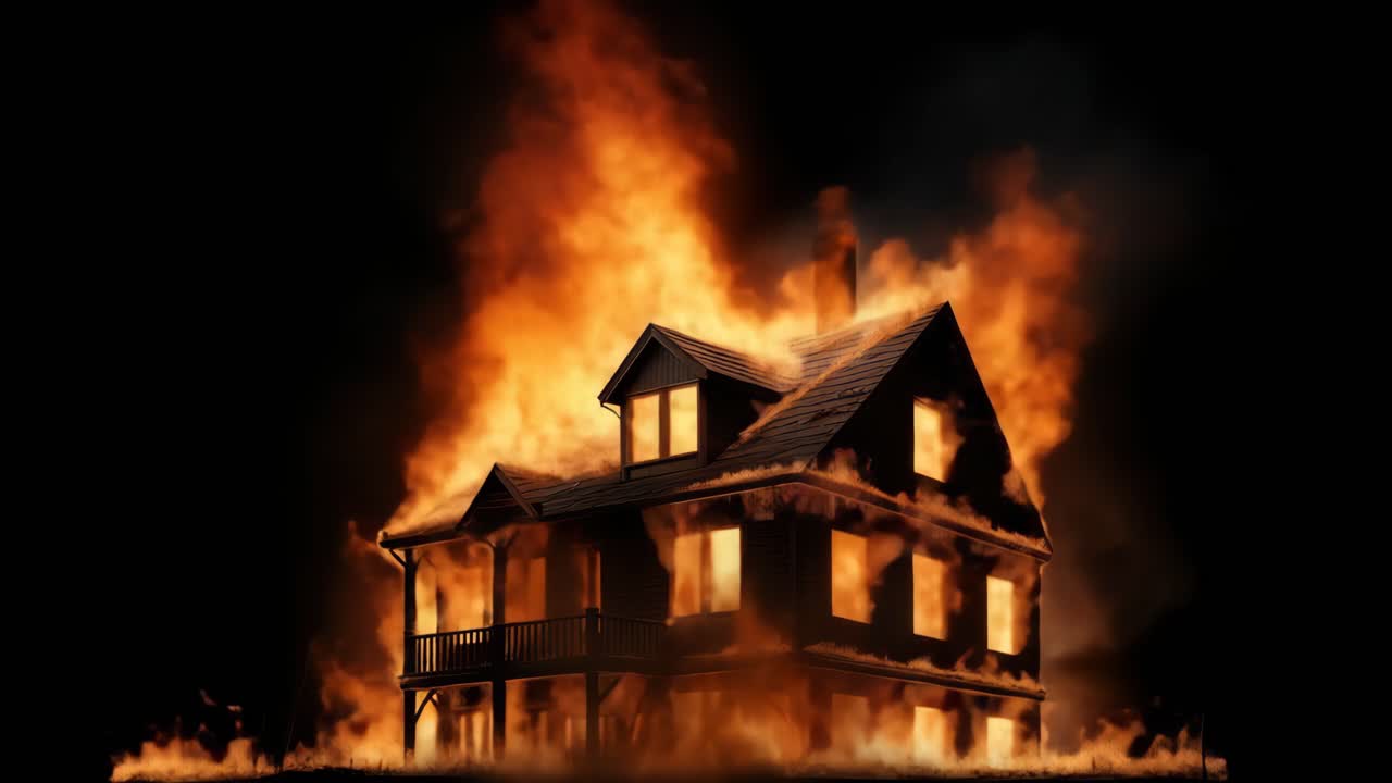Scena video drammatica di una casa avvolta dalle fiamme, ripresa dal basso, che evidenzia l'intensità.