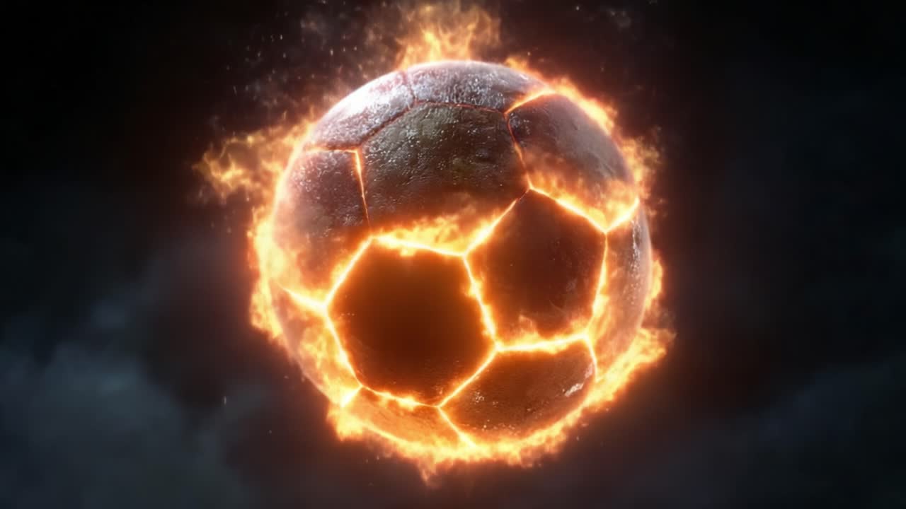 Wybuchowa piłka do futbolu: urzekająca grafika ognistej piłki do futbolu otoczonej płomieniami, idealnie uchwycona w dwóch dynamicznych kadrach ruchu i energii