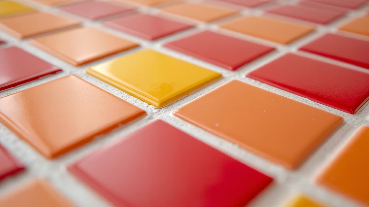 Starting camera focusing on yellow tile, shifting focus across red, orange mosaic, breathing effect
