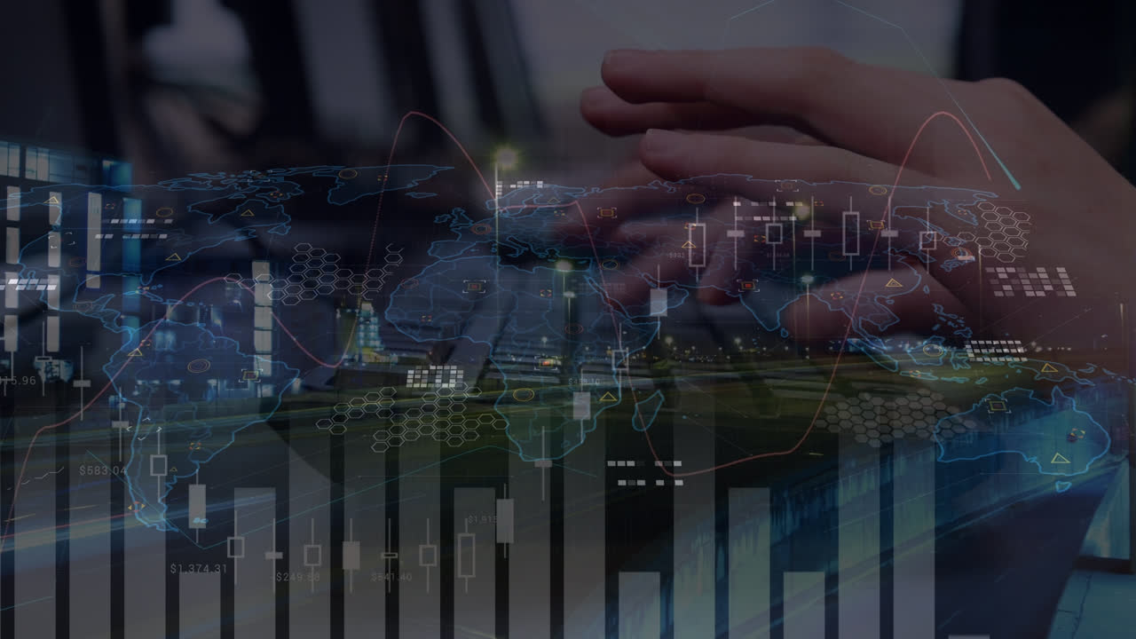 Animation of world map with data processing and cityscape over hands typing on keyboard