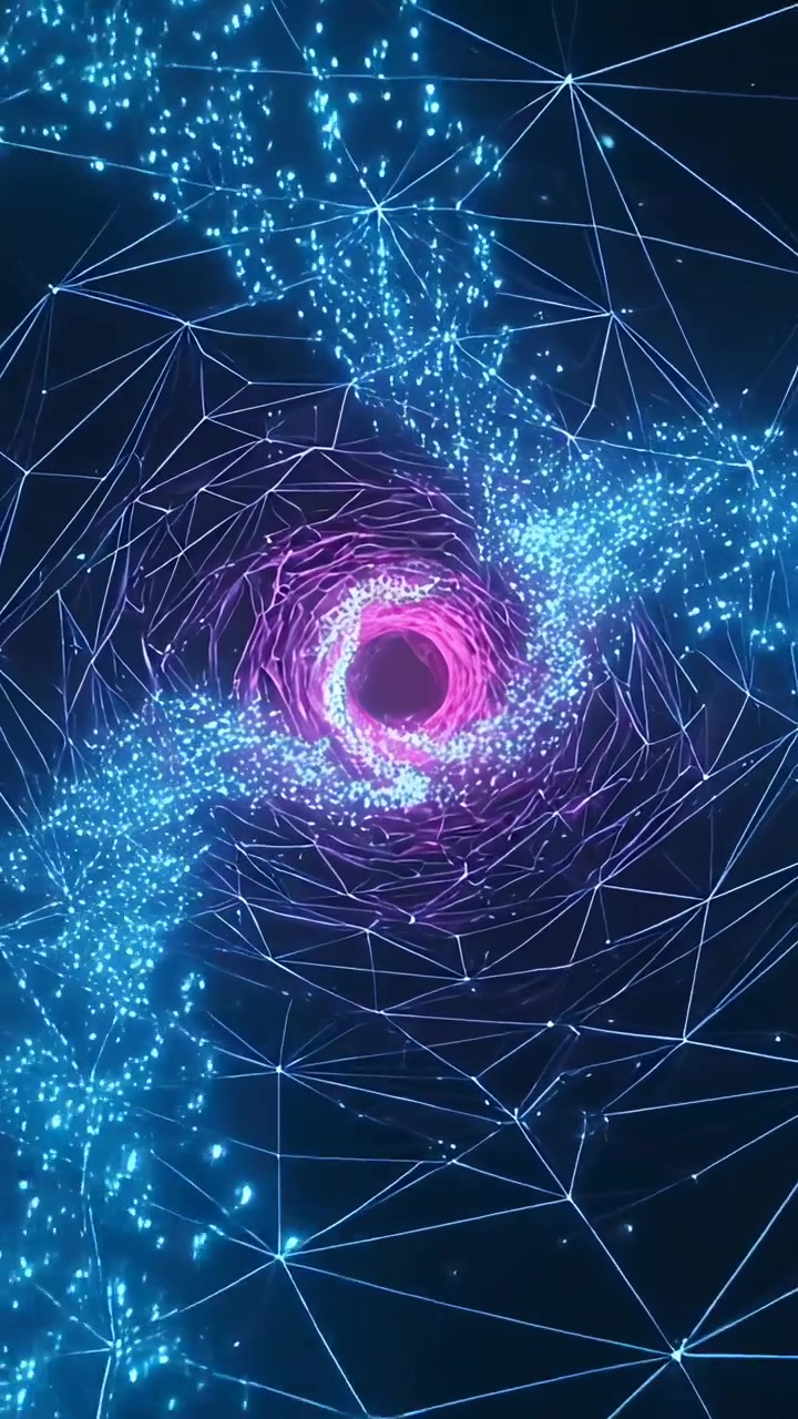 Video verticale: Disegno di un vortice centrale magenta che attira flussi ciano verso l'interno in un portale, con una rete che ruota