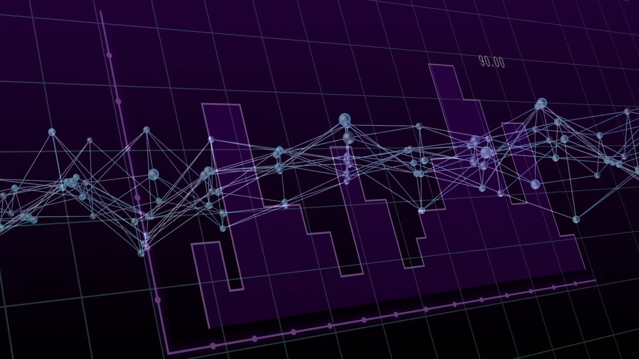 Flat design data visualization showing light-blue network graph over purple bar chart, 90