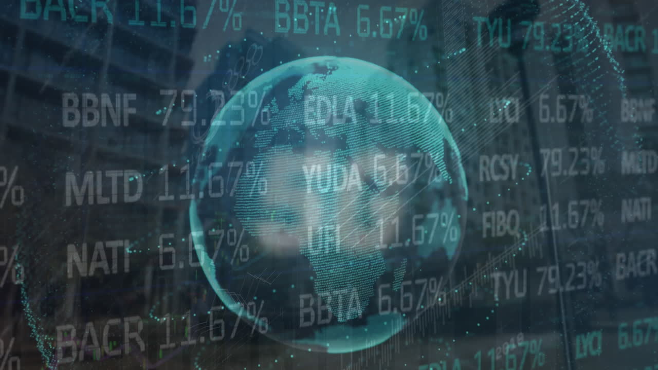 animación del procesamiento de datos financieros con el globo sobre el paisaje urbano
