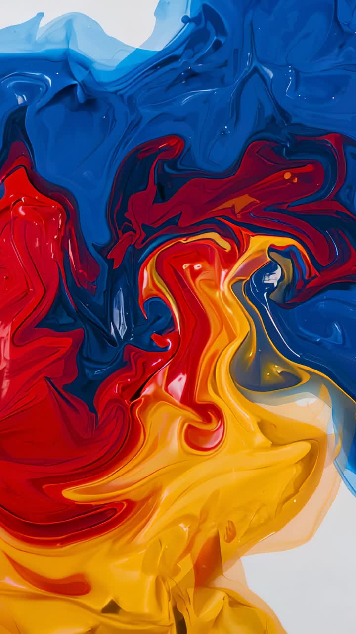 Vertical video: Pouring paint deep blue, crimson, bright yellow on white canvas flowing, mixing