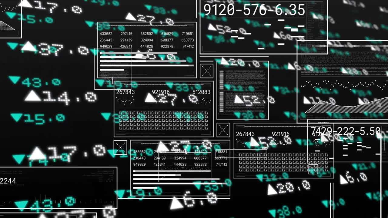 Animation of digital data and numbers floating over black background with shapes
