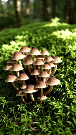 cluster of small mushrooms in forest moss