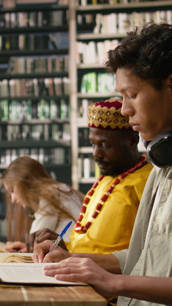 Video verticale: Studente con le cuffie che legge un libro aperto in un'area studio della biblioteca