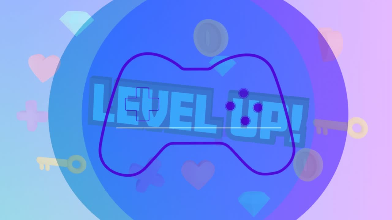 Анимация игровых иконок над текстом «Уровень повышен» и геймпадом