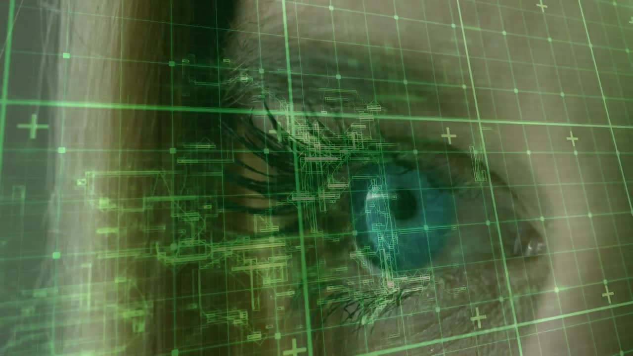 Animation af databehandling over øjet på en kaukasisk kvinde
