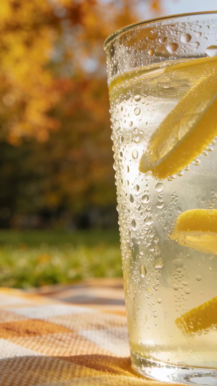 Vertical video: Glass of lemon slices fizzing on picnic mat, cam pulling to show drink, copy space